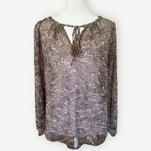 Ann Taylor LOFT Sheer Long Sleeve Brown & Pink Floral Airy Blouse Top. Small.